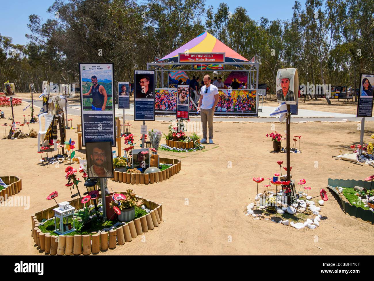 Placards record the faces and biographies of each person killed at the Nova Festival on October 7, 2023 Stock Photo