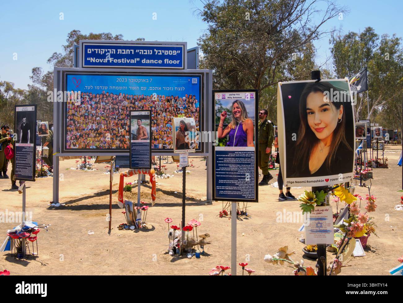 Placards record the faces and biographies of each person killed at the Nova Festival on October 7, 2023 Stock Photo