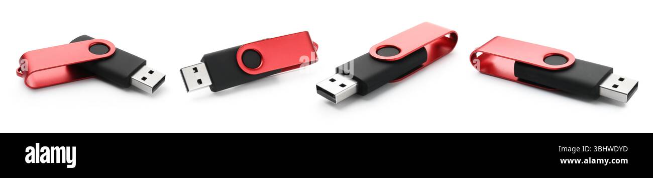 Flash drive isolated on white, collage. View from different sides Stock Photo