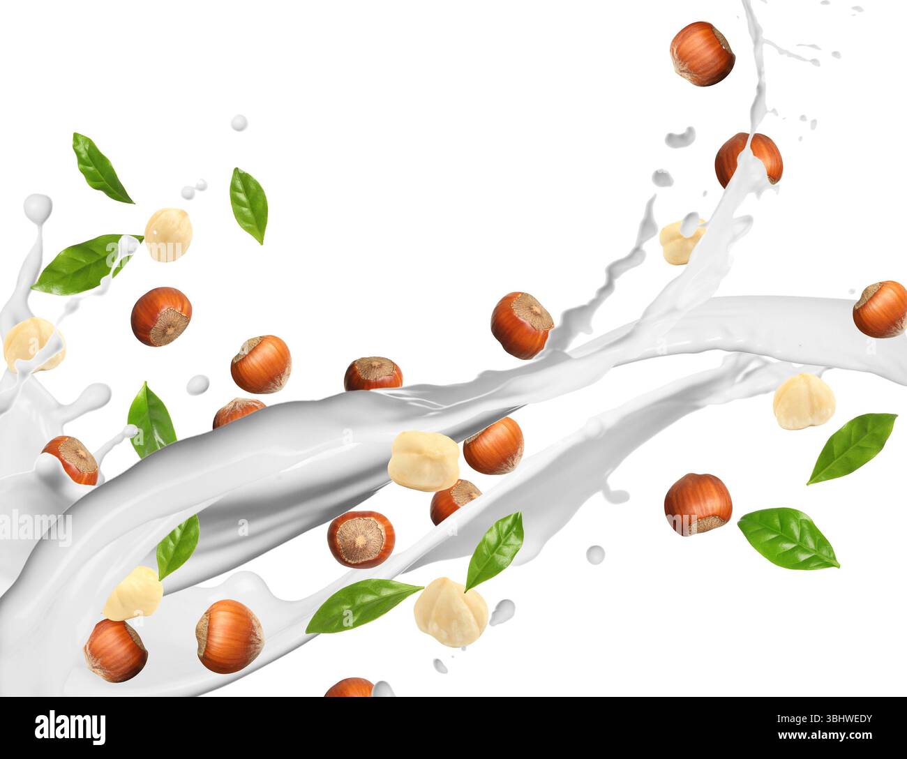 Nut milk splash with hazelnuts and green leaves in air on white background Stock Photo