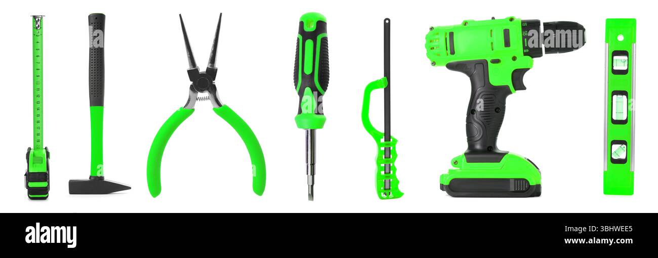 Different construction tools on white background, collage Stock Photo