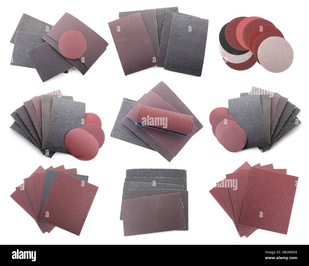 Different types of sandpaper on white background, collage. Top view ...