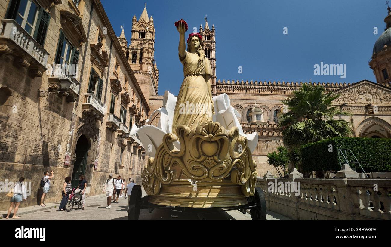 A traditional float with a statue of Saint Rosalia on public display in ...