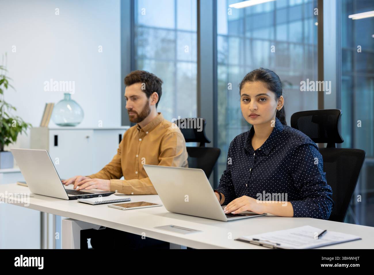 Two colleagues work at a desk using laptops in a modern office setting. Stock Photo