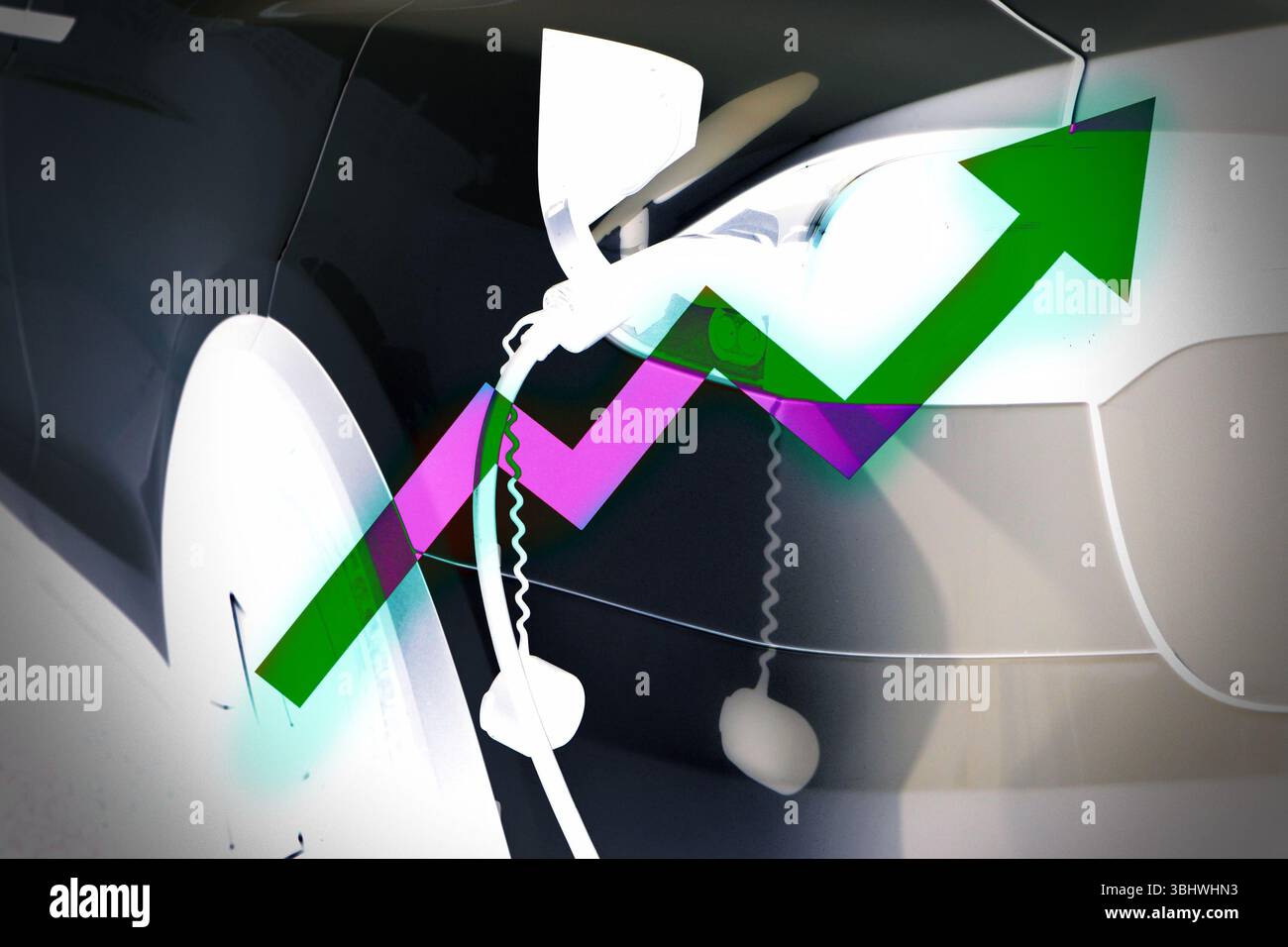 Arrow up with an electric car as background. Concept of Growth and adoption of electric vehicles Stock Photo