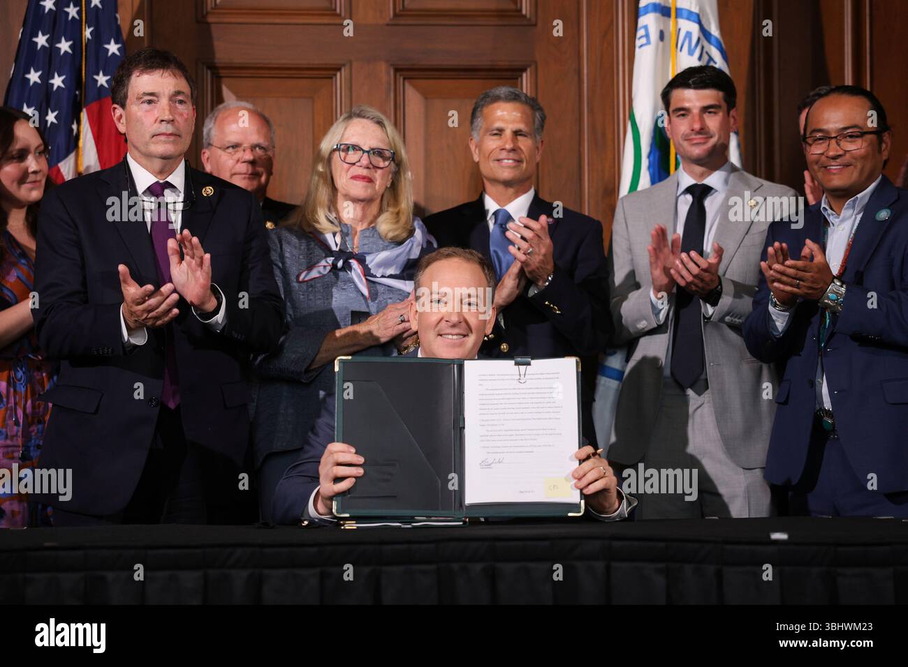 Environmental Protection Agency Administrator Lee Zeldin holds up a ...