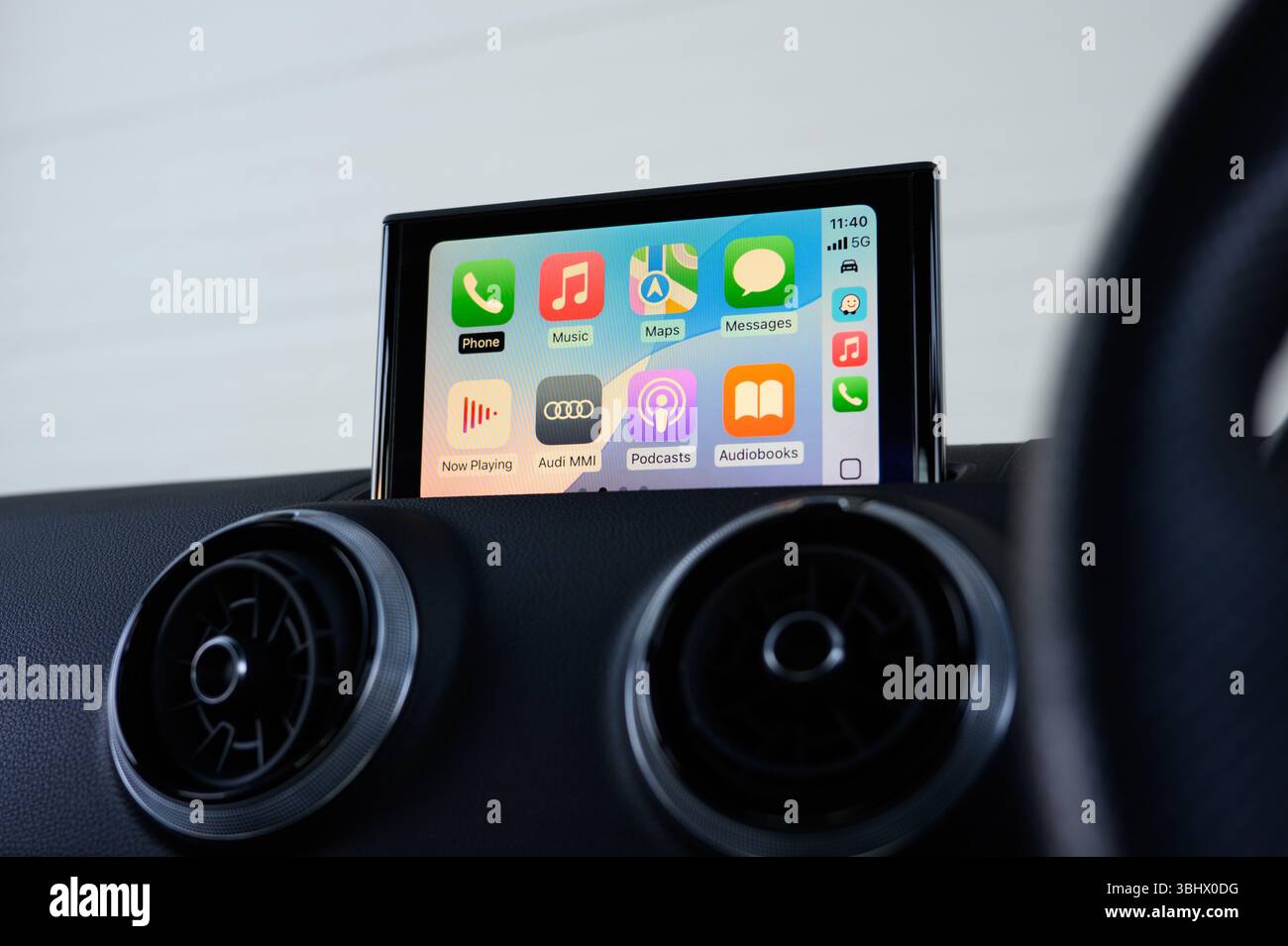 This image shows a clear view of an infotainment screen inside a modern ...