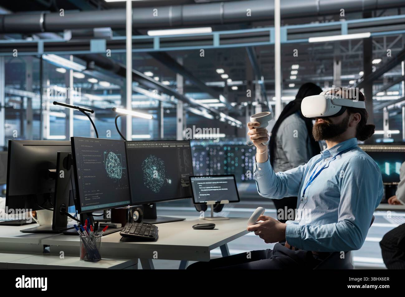 Data center engineer monitoring AI systems performance using VR headset, identifying bottlenecks. Artificial intelligence server farm worker troubleshooting glitches using virtual reality Stock Photo