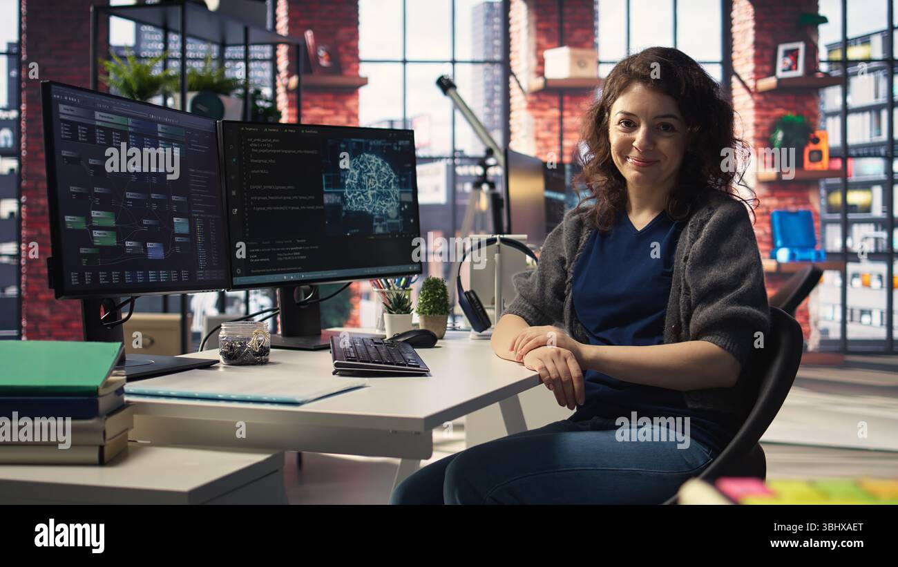 Admin writing code and doing maintenance on artificial intelligence neural networks computerized model. Woman tech support expert doing checkup on AI systems, data science. Camera A. Stock Photo