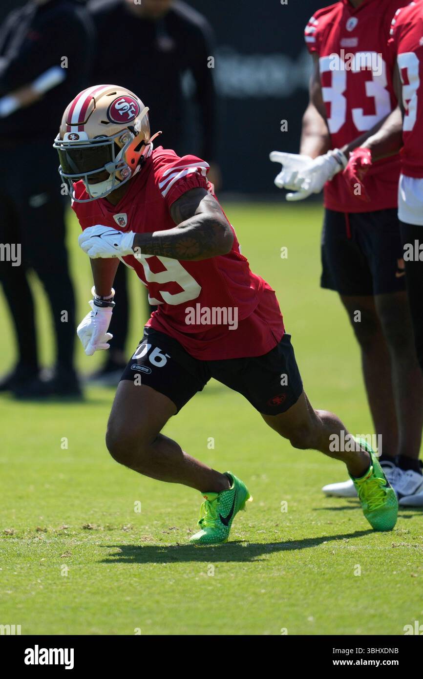 San Francisco 49ers wide receiver Jacob Cowing (19) runs a drill during ...