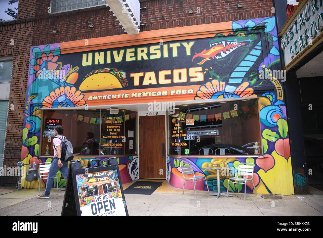 University Tacos, colourful Mexican restaurant in downtown Birmingham, Alabama, USA Stock Photo