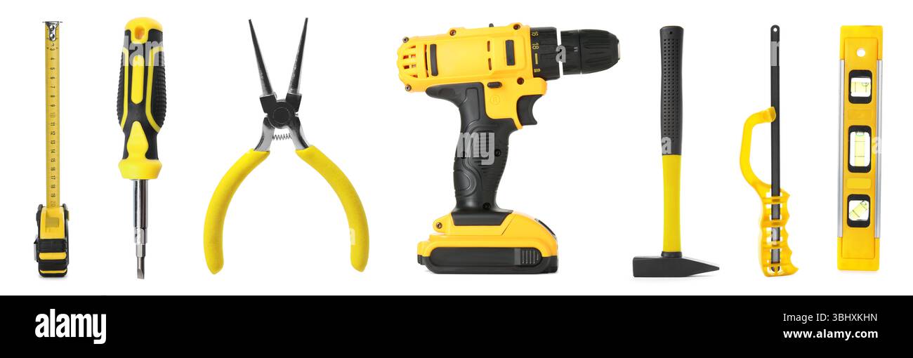 Different construction tools on white background, collage Stock Photo