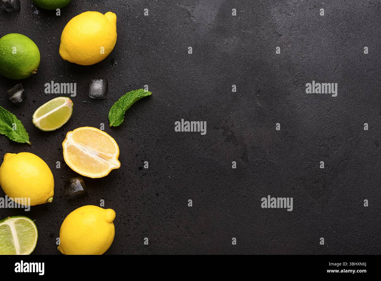 Ingredients for preparing lemonade on black background Stock Photo