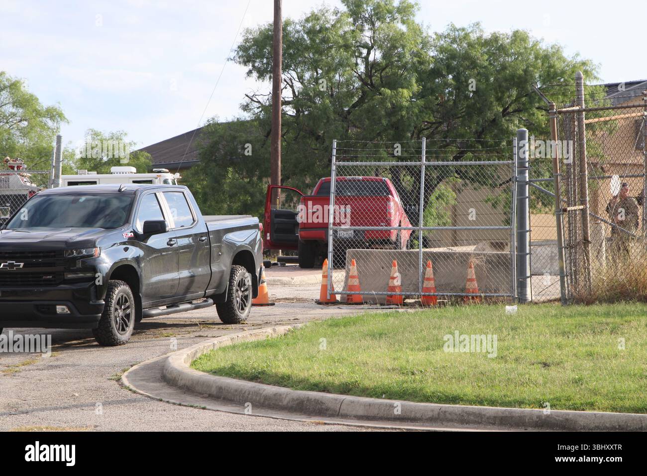 A red truck crashed through a former entrance gate to Joint Base San