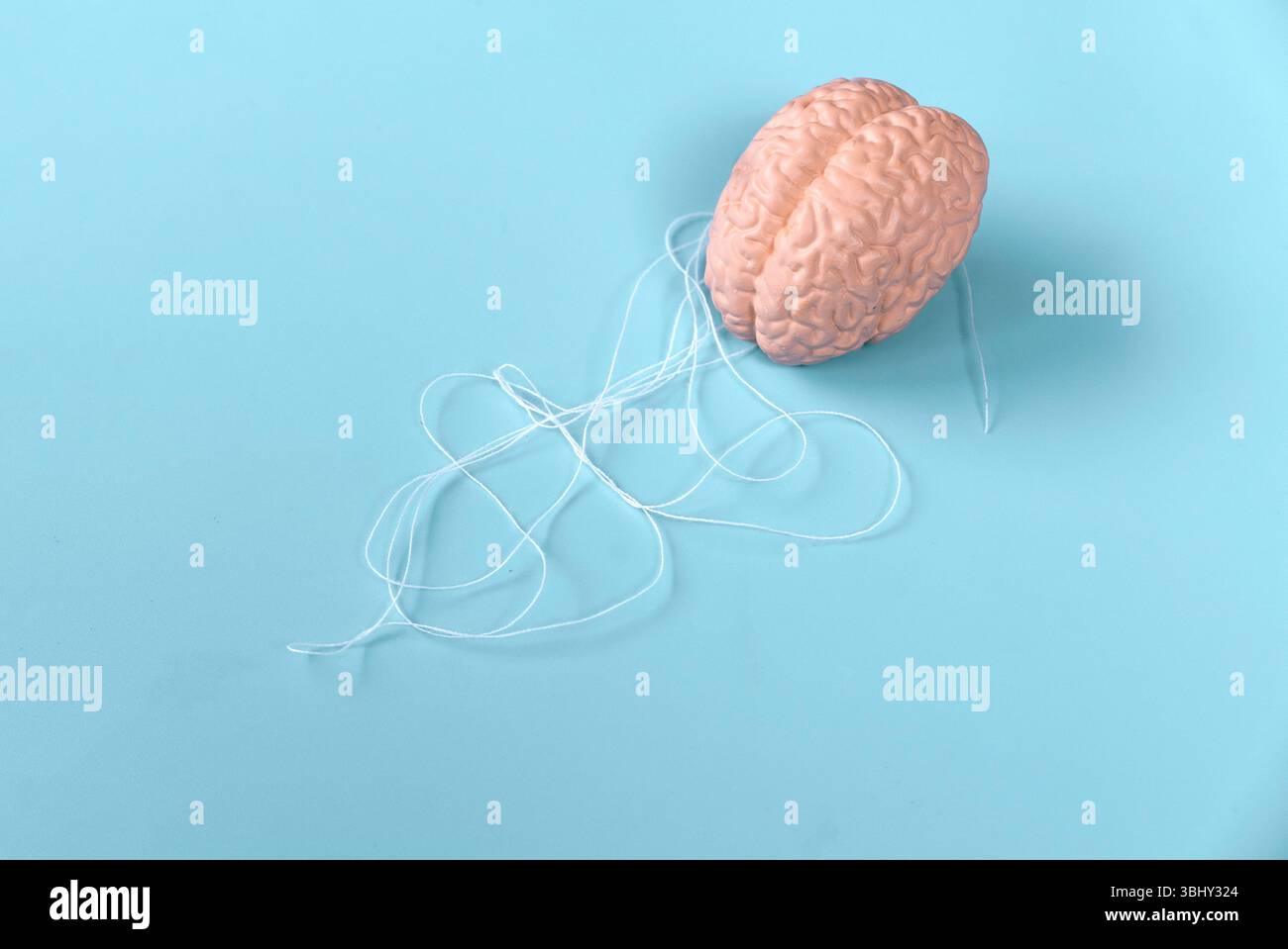 Human Brain Model on Tangled White Thread for Complex Thought Representation Stock Photo