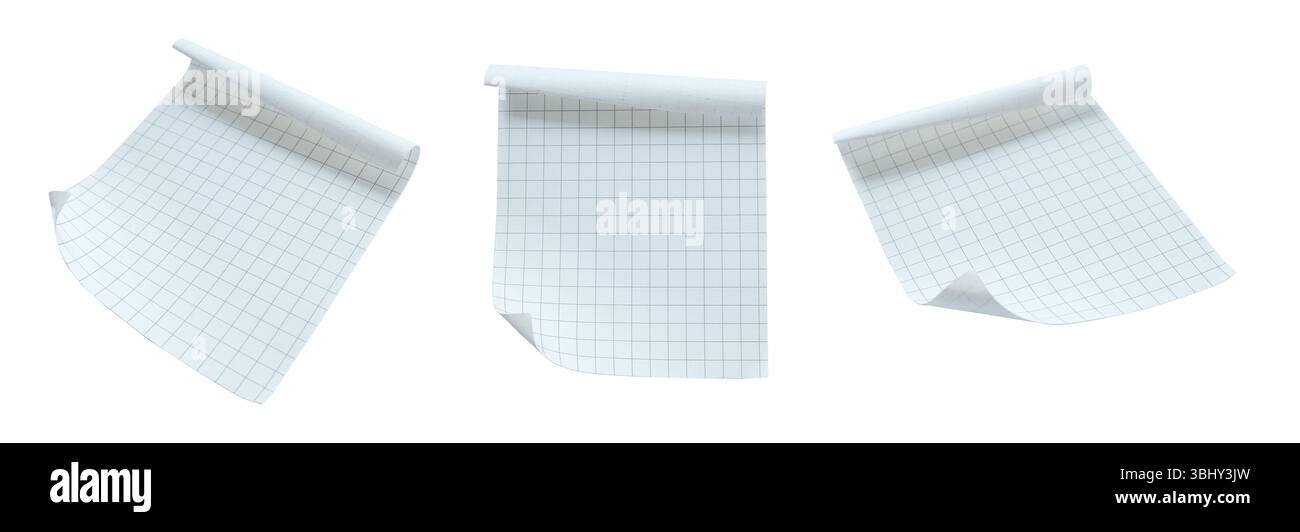 Three Sheets of Grid Paper with Curled Edges on White Background Stock Photo