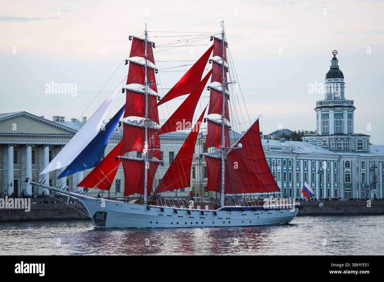 The sailing ship brig "Russia" with scarlet sails in the waters of the ...