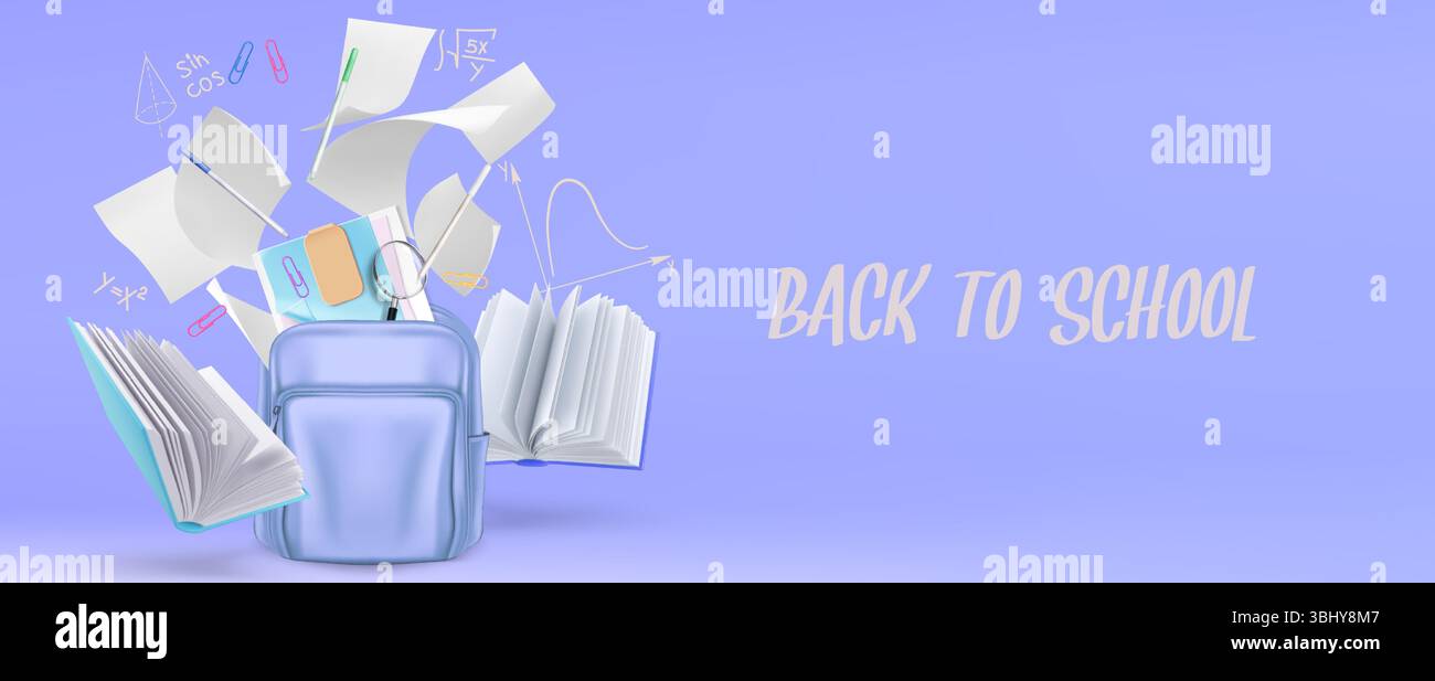 3d back to school composition with open blue backpack, floating ...