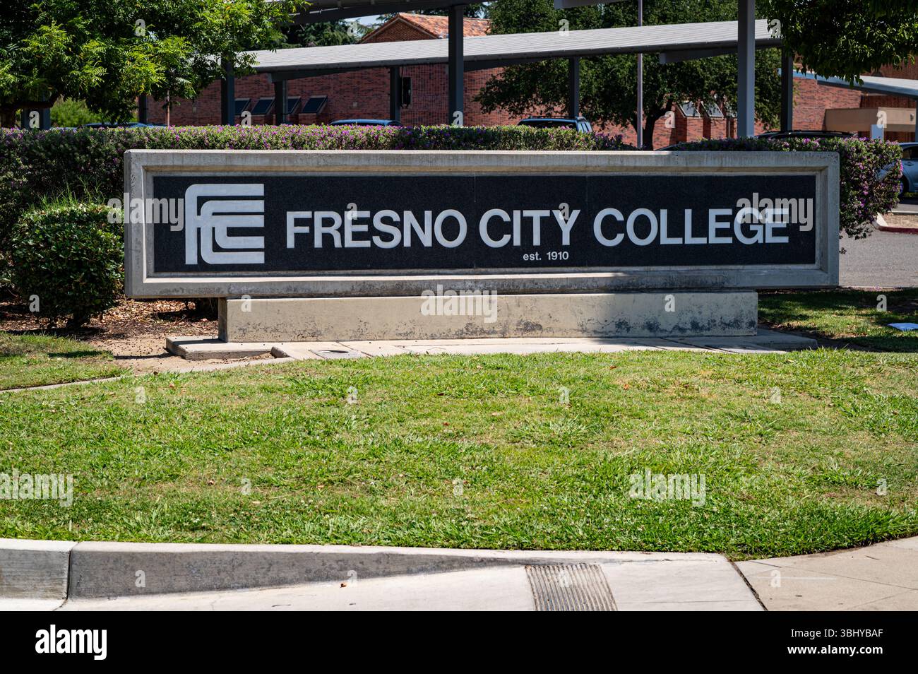 Close-up photo of the entrance sign to Fresno City College on E. McKinley Avenue. Stock Photo