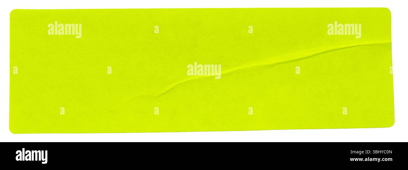 fluorescent neon yellow rectangular paper sticker label isolated on white background. Stock Photo
