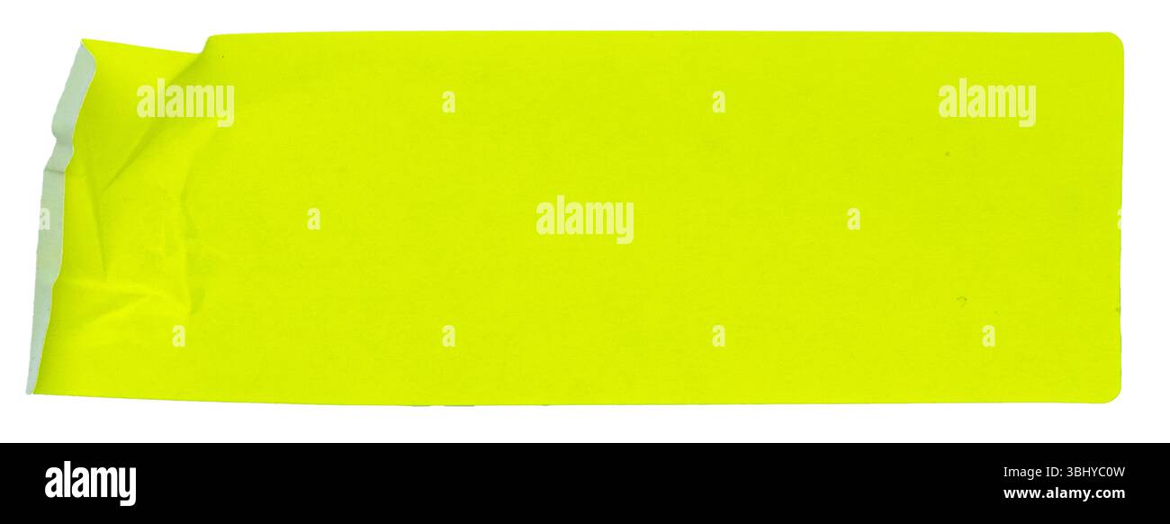fluorescent neon yellow rectangular paper sticker label isolated on white background. Stock Photo
