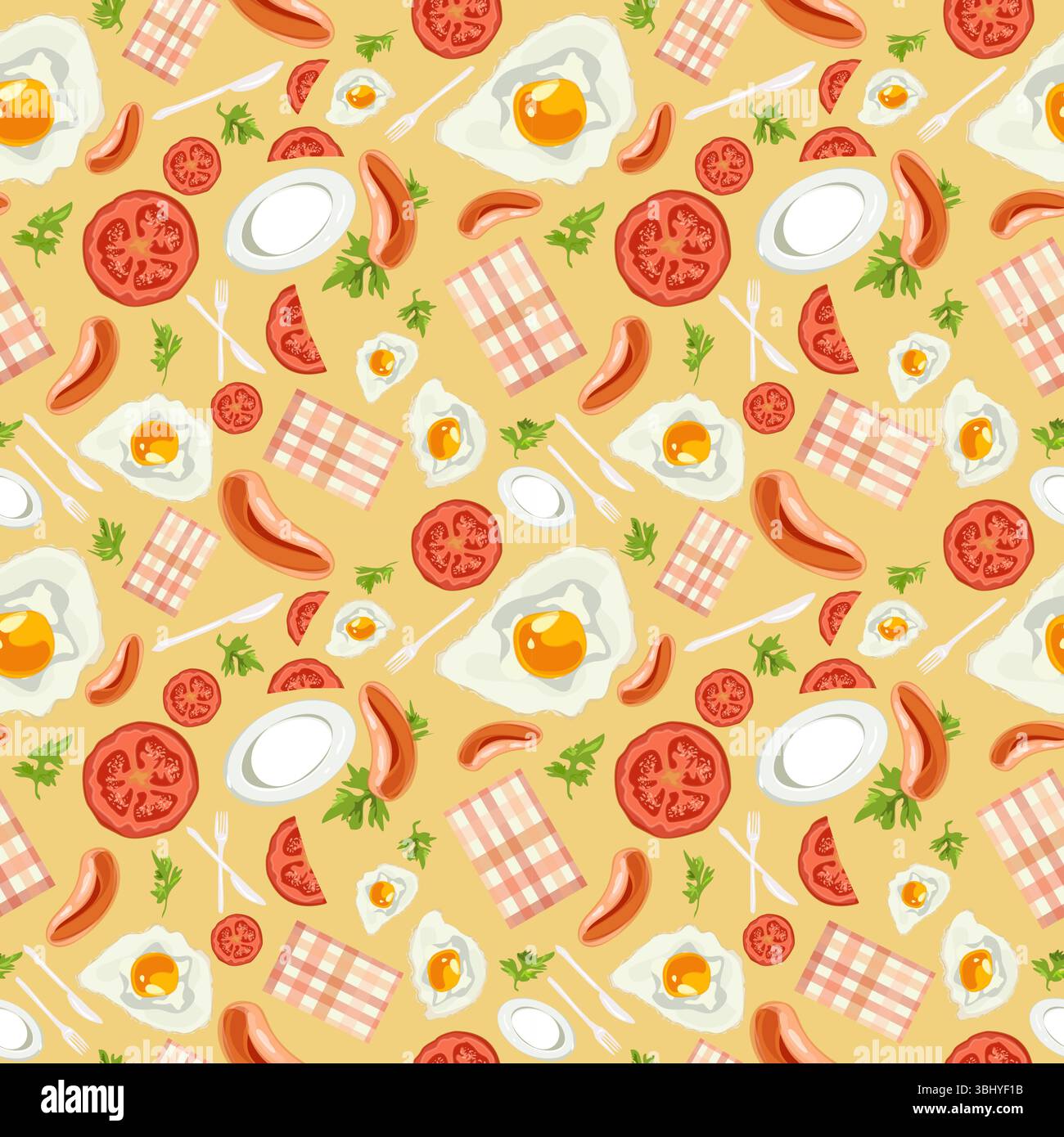 Seamless Pattern with Fried Eggs, greens nd tomatoes Healthy Breakfast pattern Stock Vector