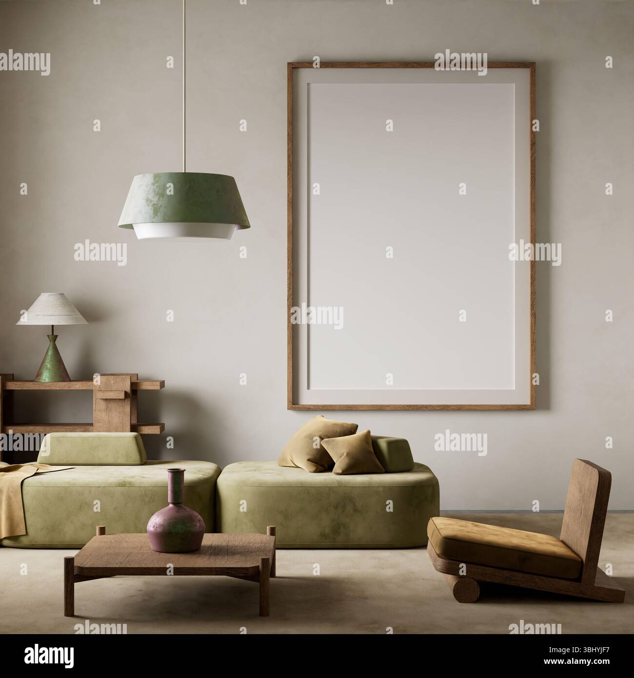 A tranquil, minimalist living room featuring earthy tones, low-profile furniture, and natural light for a calm and cozy atmosphere. 3D illustration Stock Photo