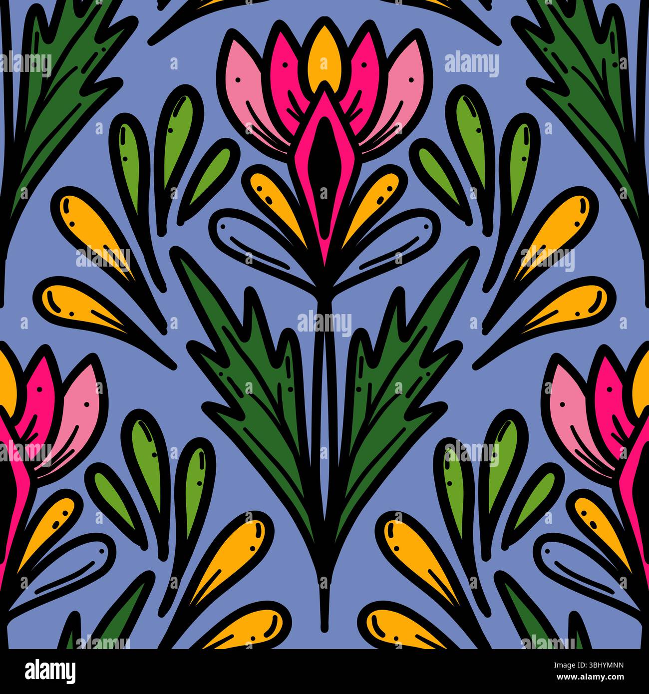 colorful line floral scribble scallop repeat pattern Stock Vector