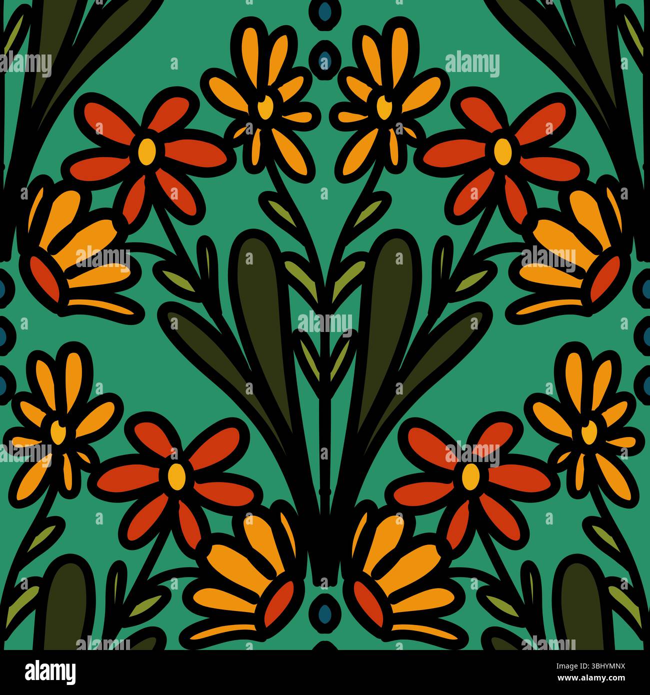 colorful line floral scribble scallop repeat pattern Stock Vector