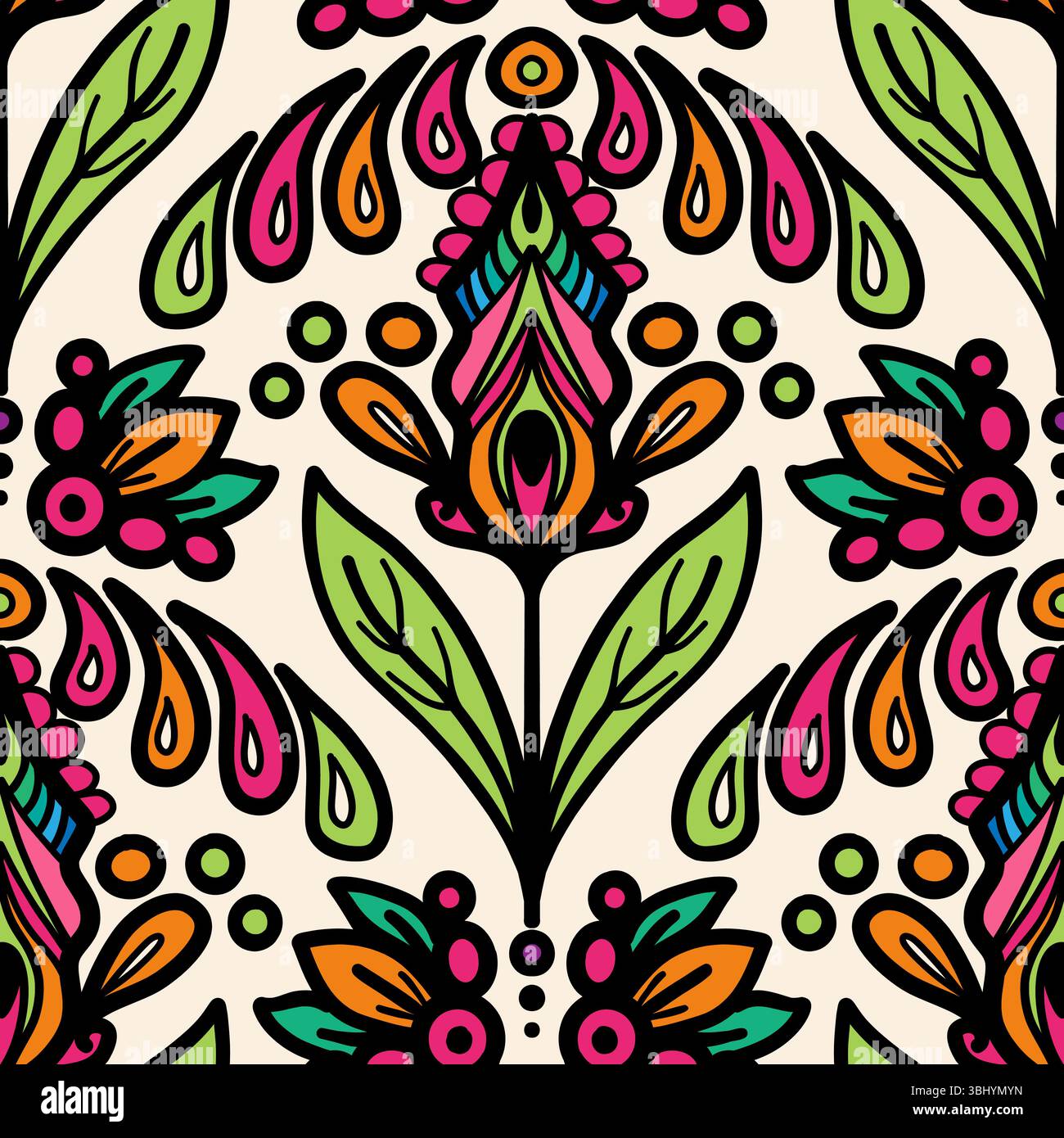 colorful line floral scribble scallop repeat pattern Stock Vector