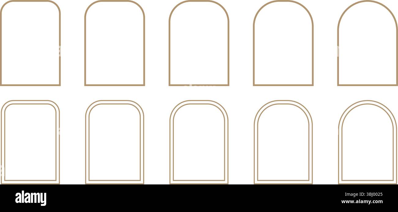 Elegant golden boho frame and arch icon collection in minimalist line art style. Stock Vector