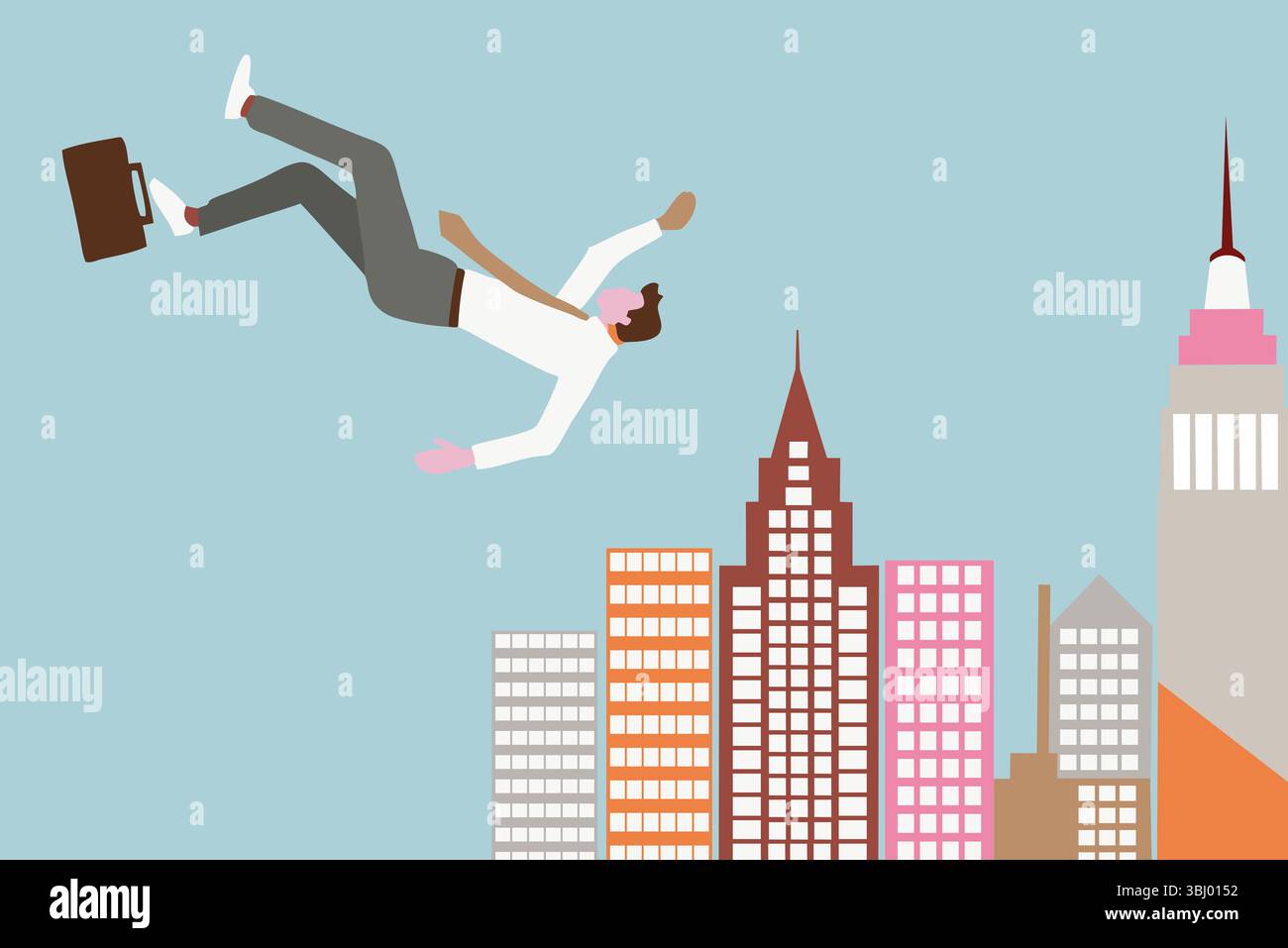An illustration of a businessperson falling through the sky with a briefcase, set against a backdrop of colorful skyscrapers, symbolizing risk, depres Stock Photo