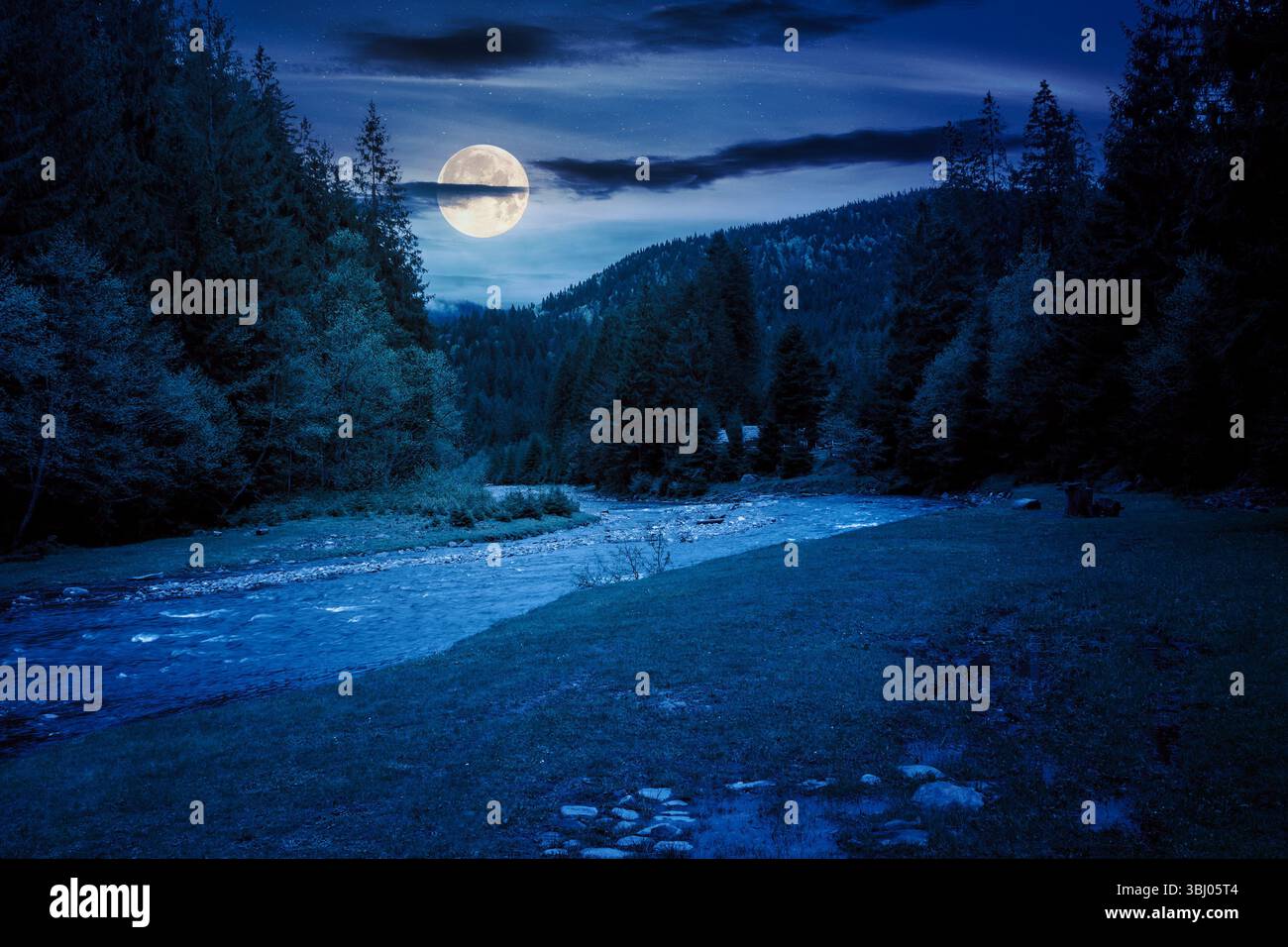 mountain landscape with river at night. water stream winding through beautiful scenery with grassy shore and coniferous forest in full moon light. cam Stock Photo