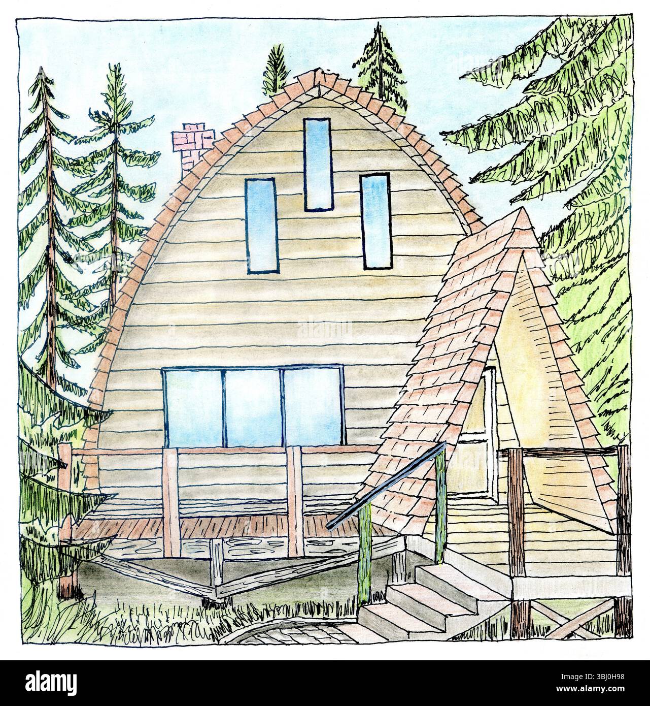 Hand-drawn illustration of a modern dome house surrounded by pine trees in a forest setting. This watercolor and ink artwork features a unique archite Stock Photo