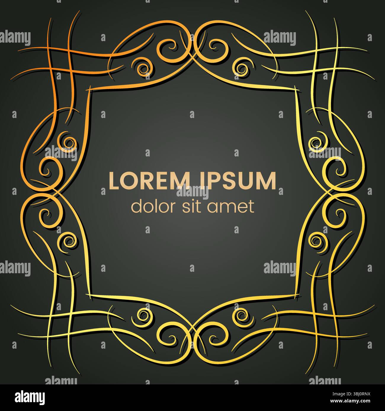 A square golden monogram element on a dark background. Vector illustration. Stock Vector