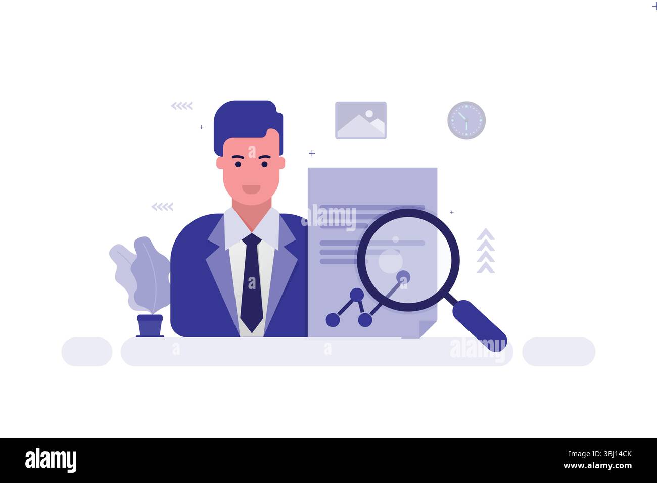 Vector illustration of businessman in blue suit analyzing document with magnifying glass highlighting graph elements Stock Vector