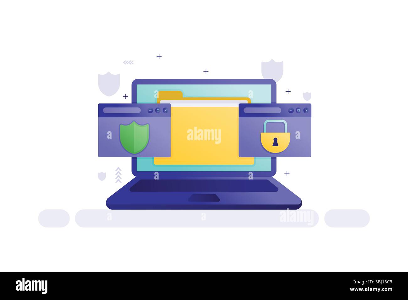 Laptop with Folder and Security Icons, Online Privacy and Data Protection Concept Stock Vector