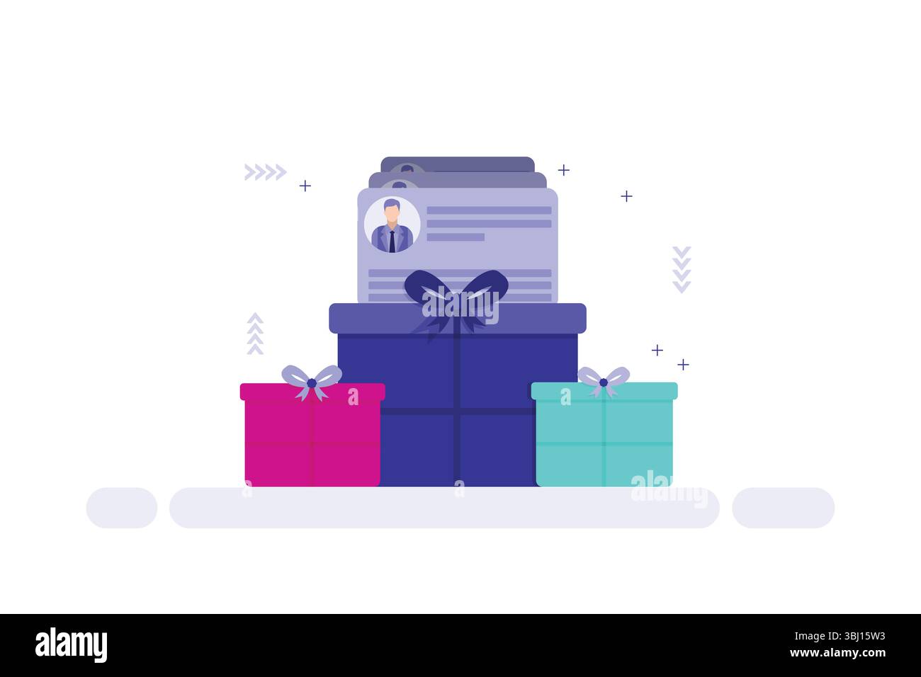Profile Document with Row of Gift Boxes – Pink, Dark Blue, and Teal with Bows Stock Vector