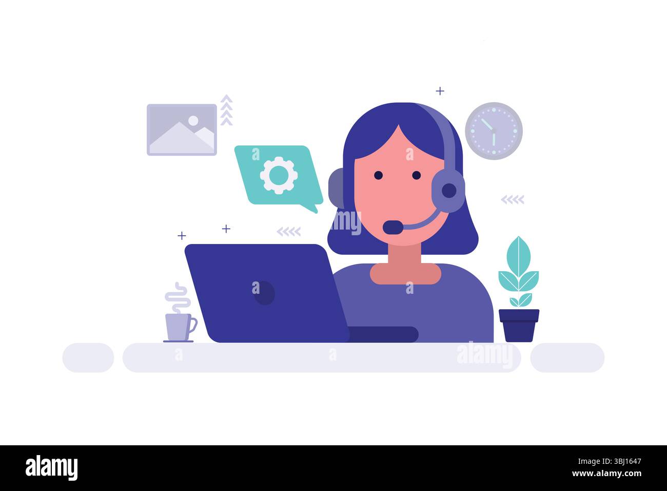 Tech Support Illustration – Person with Laptop and Headset, Gear Icon in Speech Bubble Stock Vector