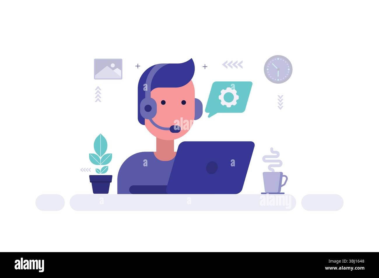 Remote Work Illustration – Person with Headset at Laptop, Surrounded by Work Icons Stock Vector