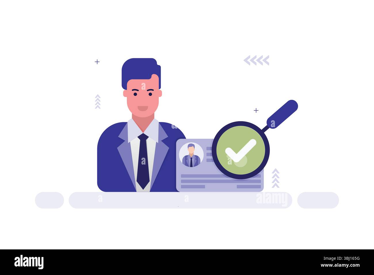 ID Verification Illustration – Man in Suit with ID Card and Magnifying Glass Highlighting Green Checkmark Stock Vector
