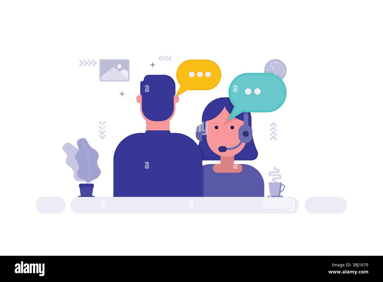 Customer Support Illustration – Two People at Desk with Headset and Speech Bubble Indicating Live Assistance Stock Vector