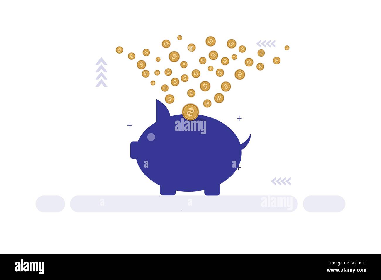 A dark blue piggy bank with a round body sits on a simple gray surface ...