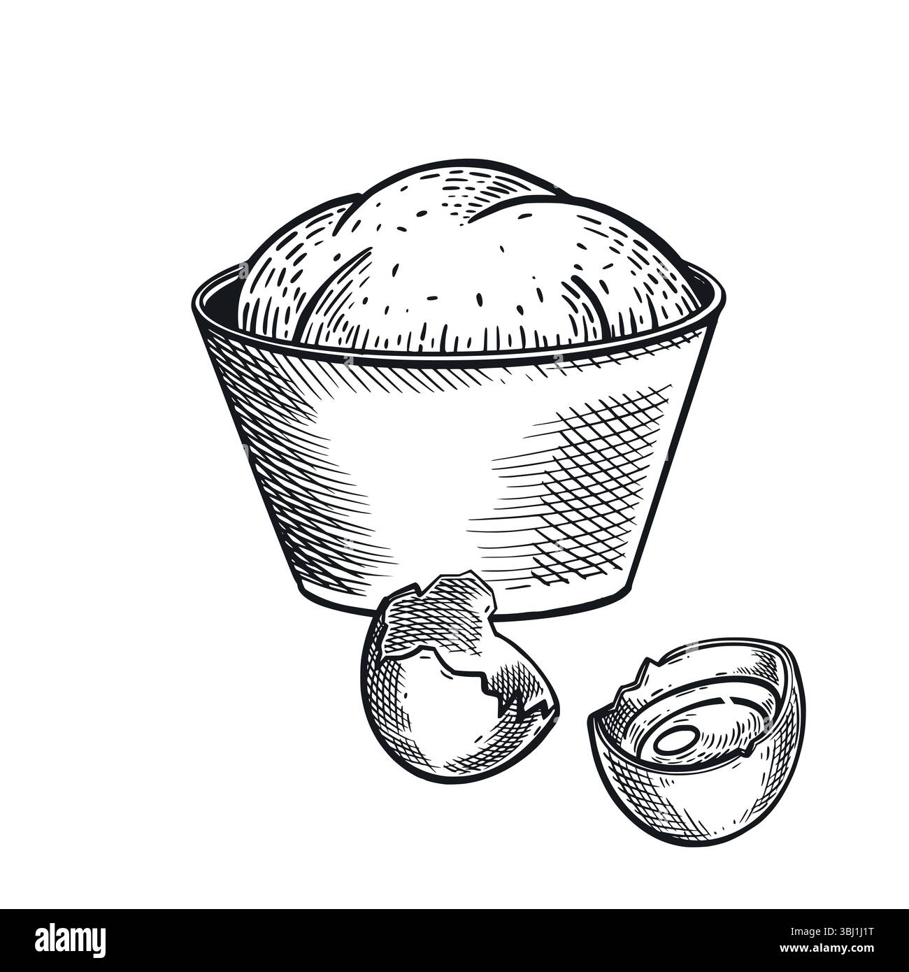 Making dough, baking, bowl with ready dough and cracked chicken egg, all objects are hand drawn in vector in gray color. Vector illustration of Stock Vector