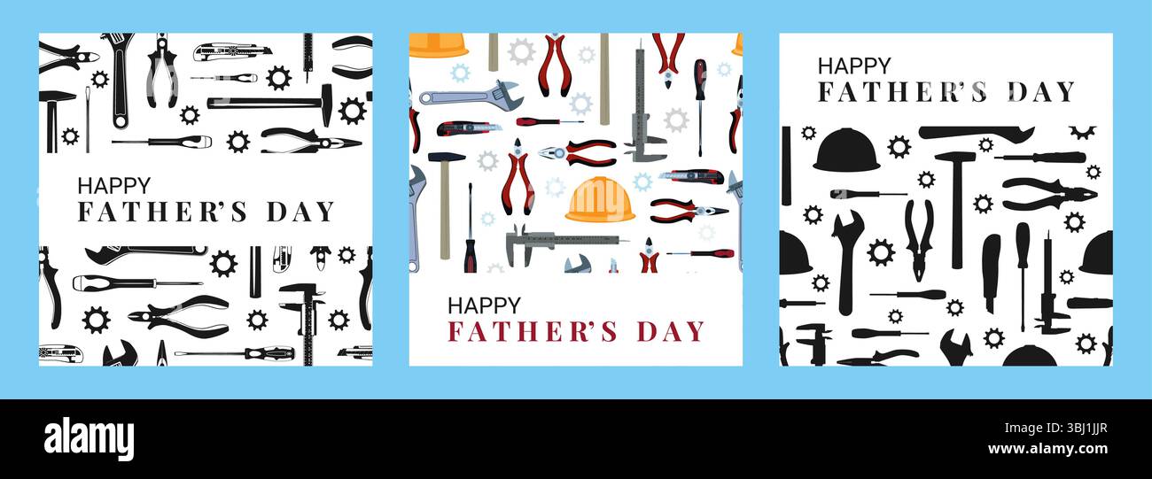 Happy Fathers Day Work Tools Card Set Stock Vector