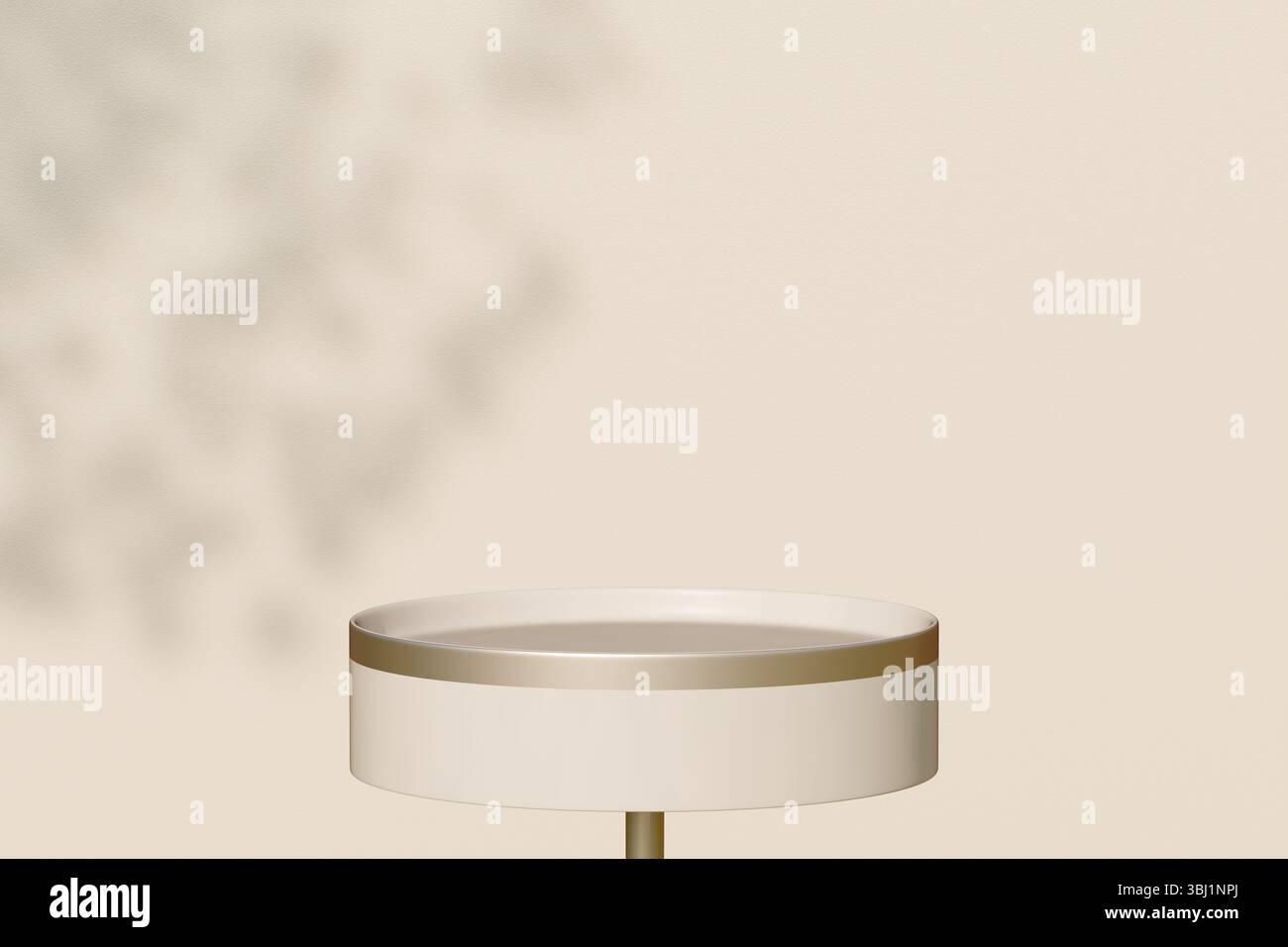 A minimalist beige round table stands empty with soft shadows on a plain wall background. 3d rendering Stock Photo