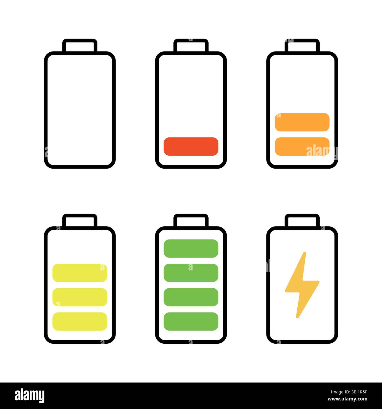 Battery Charge Level Icons Set Vector Illustration. A vector illustration featuring six battery icons representing different charge levels and status Stock Vector