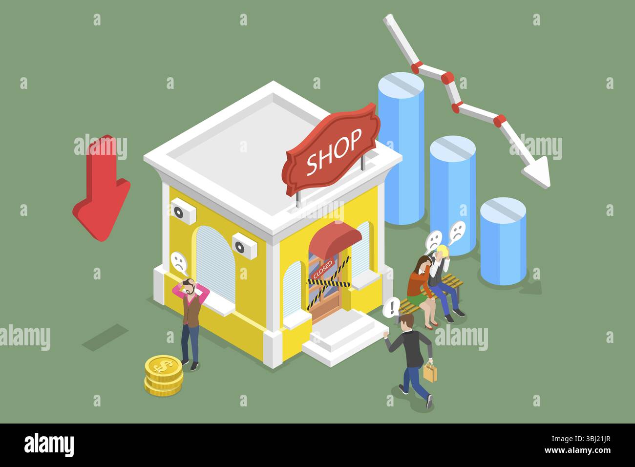 Company Collapse Animation 3D Isometric Flat Illustration of Global Economic Crash, Entrepreneur ...