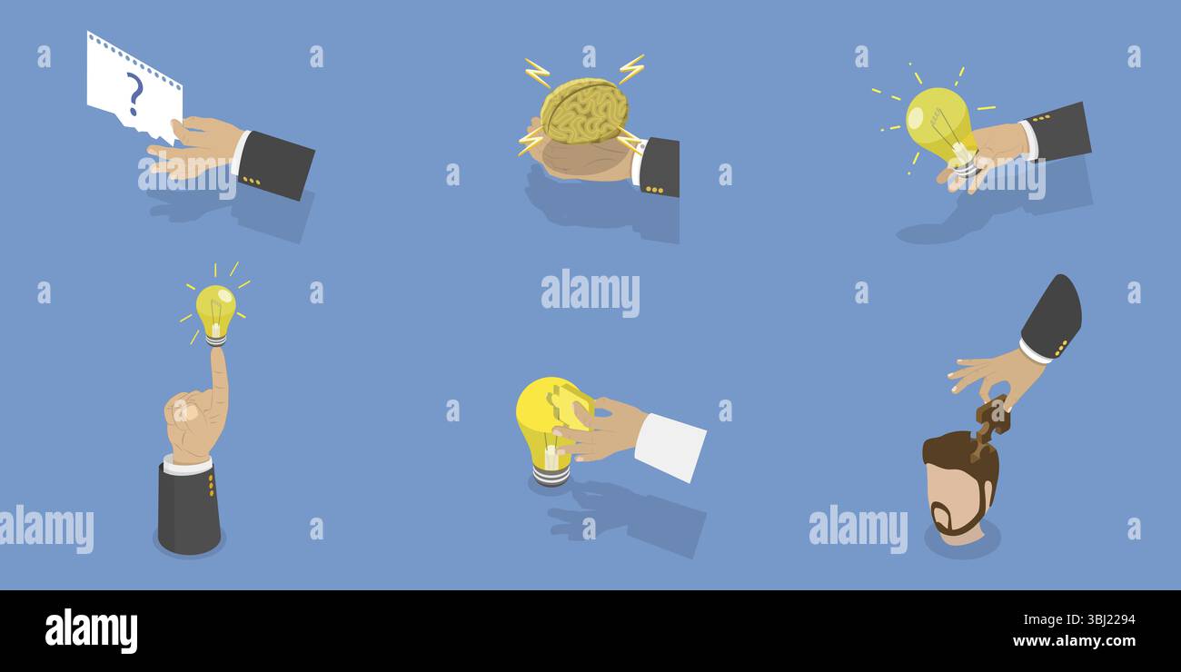 3D Isometric Flat Illustration of Creative Idea, Brainstorming or ...