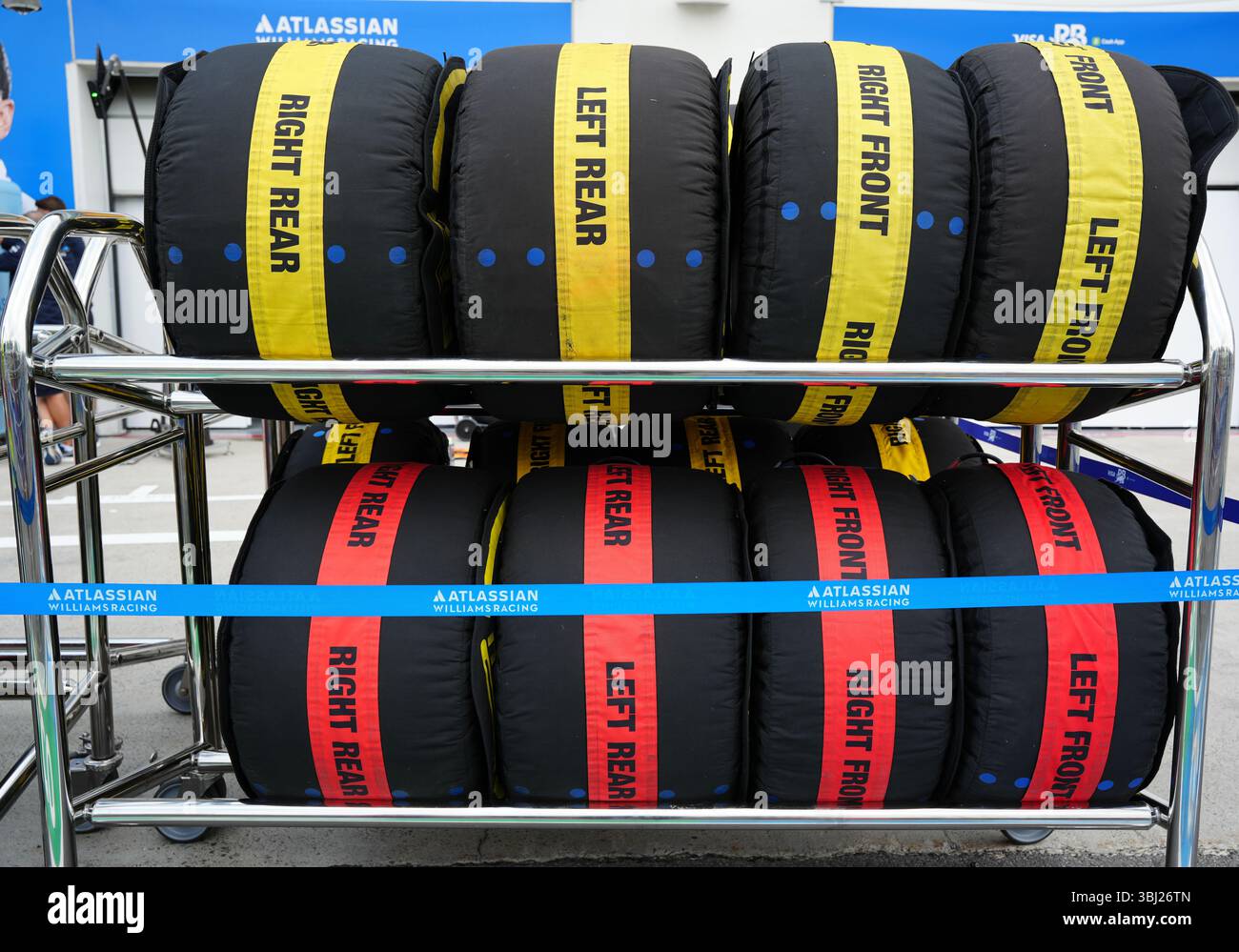 Montreal, Quebec, Canada – June 12, 2025: A tire rack belonging to ...